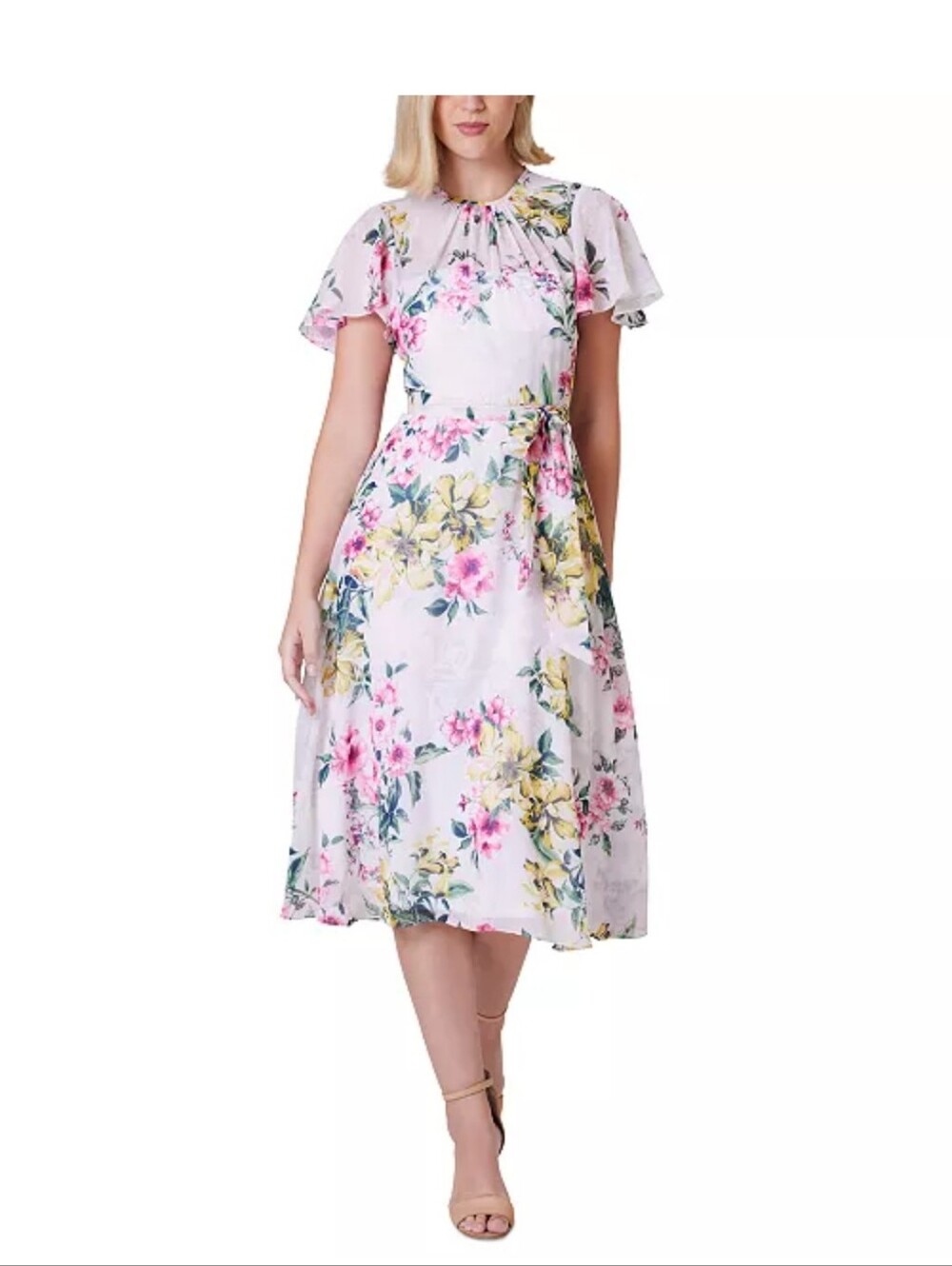 Jessica Howard Floral Midi Dress Size 12 Pink Yellow Flutter Sleeve Belted Chiff